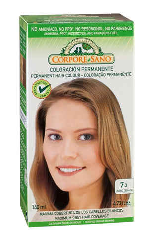 Corpore Tinte 7.3 Rubio Dorado hair dye in 140ml bio packaging from Jag Couture London New York.