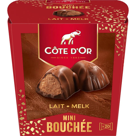Mini Cote d'Or Bouchee milk chocolates in a gift box by Jag Couture London New York, featuring elegant packaging and assorted chocolates.