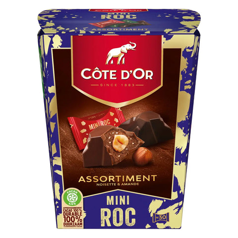 Cote d'Or Mini Roc assortment with smooth milk and dark chocolates, hazelnut, praline, crispy pieces, and caramel by Jag Couture London.