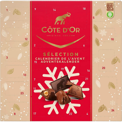 Cote d'Or advent calendar by Jag Couture London New York featuring Mignonettes, mini Bouchees, and mini Rocs chocolates.