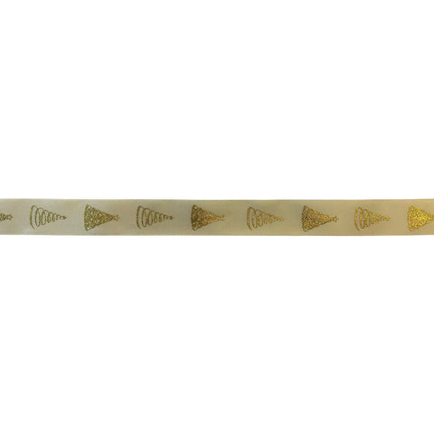 Cream single-faced satin ribbon with gold Christmas tree pattern by Jag Couture London New York, perfect for holiday gift wrapping.
