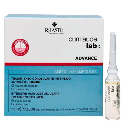 Cumlaude Rilastil Advance Man 15 ampoules, male skincare treatment with serum vials, displayed in a professional setting.