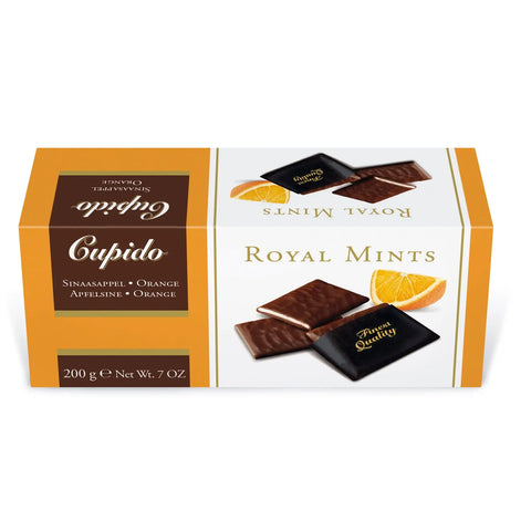 Jag Couture London New York Cupido Royal orange thins in dark chocolate, showcasing orange-flavored confections with a chocolate coating.