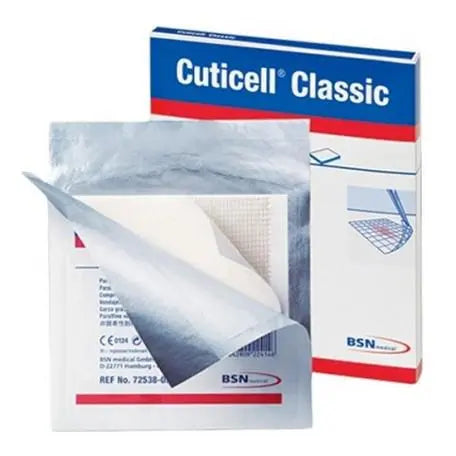 Pack of 10 Cuticell Gasa Parafinada 7.5x7.5 cm sterile gauze pads by Bsn Medical, used for medical wound care.