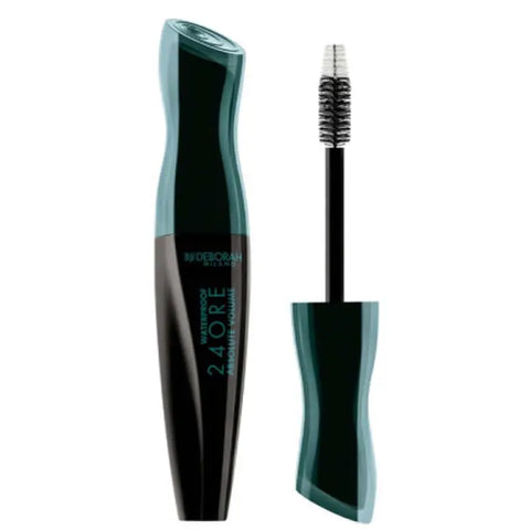 Close-up of Deborah Milano 24Ore Absolute Volume Black mascara wand with black mascara on the brush.