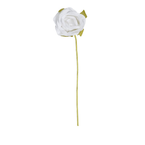 White rosebud decoration from Jag Couture London, 8.5cm x 2cm, featuring delicate fabric petals and detailed floral design.