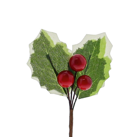Pair of holly leaves with three red berries, 9x6cm, decorative Christmas foliage by Jag Couture London – New York.