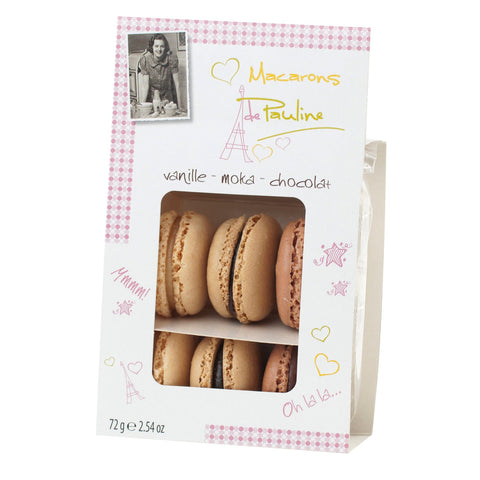 Assorted macarons in vanilla, chocolate, and mocha flavors displayed on a plate, from Jag Couture London - New York.