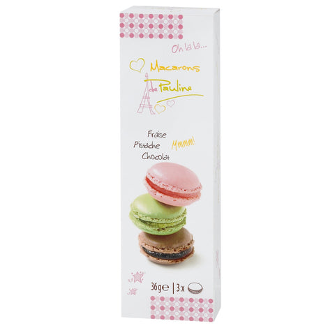 Assortment of 3 macarons in stick pack featuring pistachio, chocolate, and strawberry flavors by Jag Couture London New York.