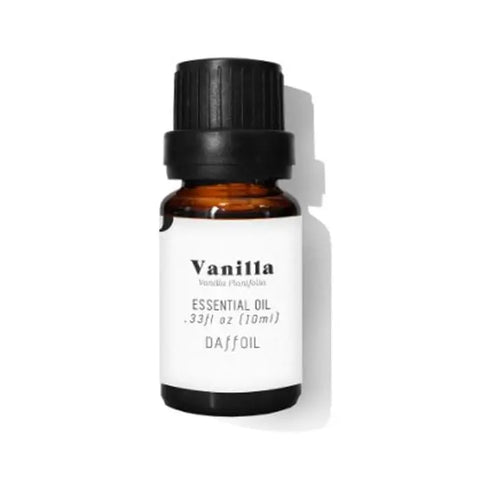 Daffoil vanilla essential oil 10ml bottle by Jag Couture London New York, with clear label and amber glass bottle.