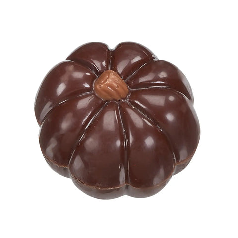 Dark chocolate pumpkin filled with hazelnut, 13g, from Jag Couture London New York, showing a glossy chocolate exterior and pumpkin shape.