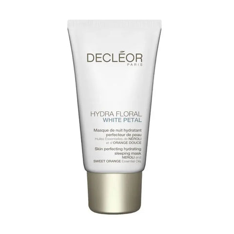 Decleor Hydra Floral White Petal Skin Perfecting Hydrating Sleeping Mask in 50ml jar, featuring a white floral design.
