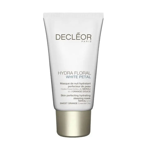 Decleor Hydra Floral White Petal Hydrating Sleeping Mask in 50ml jar with white floral design and label.