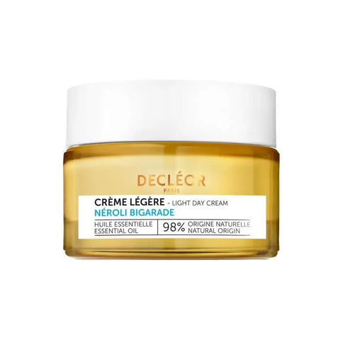 Decleor Neroli Bigarade Light Day Cream in 50ml jar, featuring citrus scent and smooth texture, displayed with product label visible.