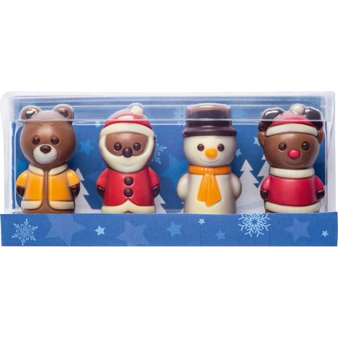 Decorated hollow milk chocolate Christmas figures in a clear cello gift box, 65mm, by Jag Couture London New York.