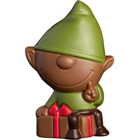 Decorated hollow milk chocolate elves wearing hats in clear cello wrapping, 110mm, by Jag Couture London New York.