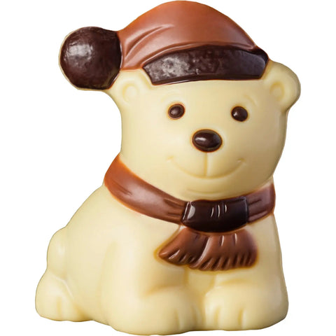 Decorated hollow white chocolate polar bear in cello wrapper, 75mm, from Jag Couture London New York, detailed with white chocolate decoration.