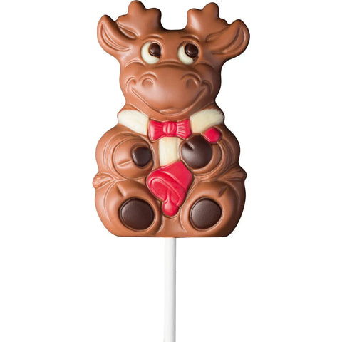 Decorated solid milk chocolate reindeer with bell lolly in display, 157mm, from Jag Couture London New York.