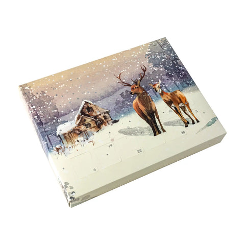 Empty advent calendar with a deer and snow scene design, measuring 192 x 32.5 x 252mm, by Jag Couture London New York.