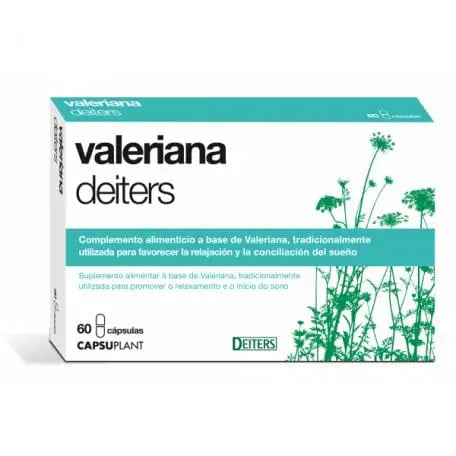 Deiters Valerian 60-cap bottle by Jag Couture London New York, featuring herbal supplement capsules on a white background.