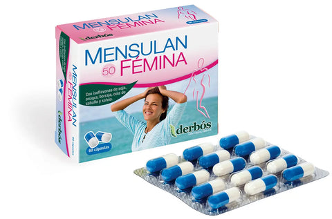 Dherbos Mensulan 50 Femina capsules by Jag Couture London New York, featuring a close-up of the supplement bottle with labels.