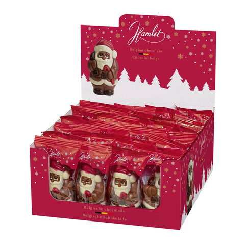 Hollow milk chocolate Santa figures in flowpack packaging, displayed together, by Jag Couture London New York.