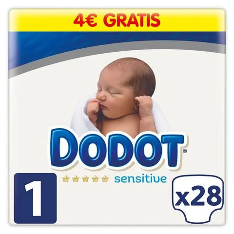 Pack of Dodot Protection Plus Sensitive T-1 baby diapers in a 28-unit box by Jag Couture London New York.