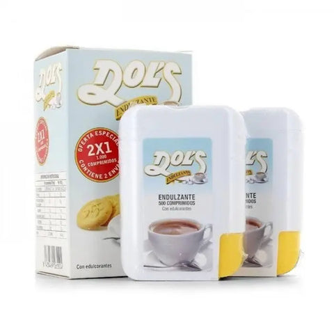 Dols Sweetener Duplo pack with 500 + 500 tablets from Jag Couture London New York, showing the yellow packaging and tablets inside.