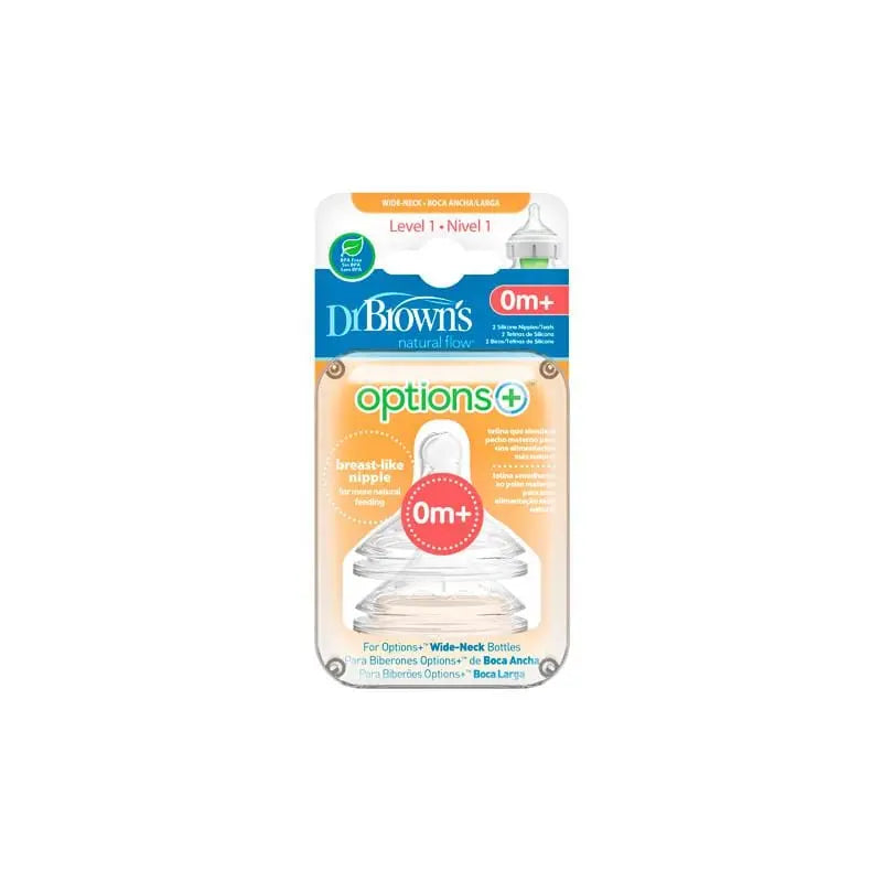Two Dr. Brown's Options Level 1 baby bottle teats in packaging, designed for gentle feeding, by Jag Couture London and New York.