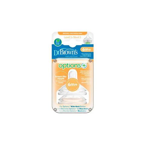 Dr. Brown's Options Level 3 baby bottle nipples, 2 units, designed for easy feeding, with brand packaging visible.