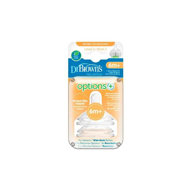 Two Dr. Brown's Options Level 3 baby bottle nipples by Jag Couture London - New York, designed for easy feeding.