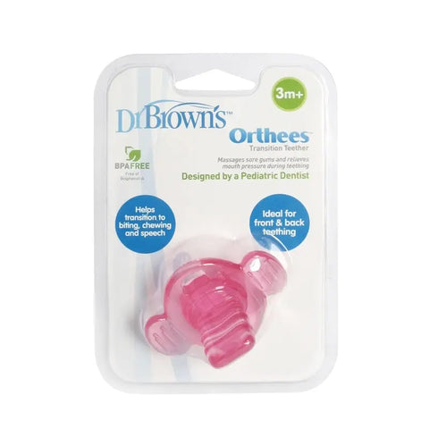 Pink Dr. Brown's transition biter for babies, soft silicone teether by Jag Couture London - New York, suitable for teething infants.
