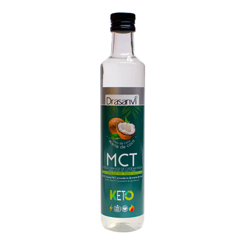 Drasanvi MCT Coconut Oil 500ml bottle, keto-friendly supplement from Jag Couture London New York, with a clear label and cap.