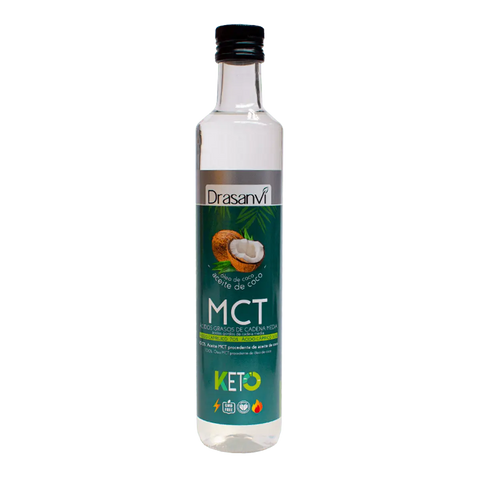Bottle of Drasanvi MCT coconut oil in a 500ml container, suitable for keto diet, from Jag Couture London New York.