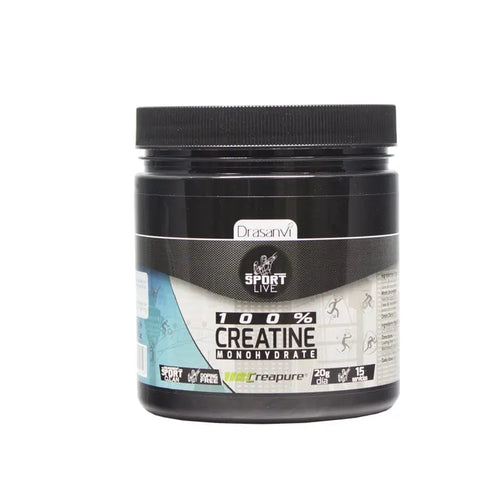 Drasanvi Creatina 300g Sport Live supplement jar with label, designed for athletic performance, by Jag Couture London New York.