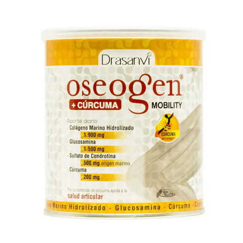 Drasanvi Oseogen Movility with Curcuma in 300g jar, dietary supplement for joint support, with turmeric visible in the image.