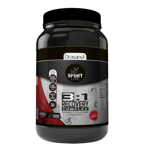 Drasanvi Recuperador Muscular 750g sports supplement jar with label, designed for muscle recovery, by Jag Couture London New York.