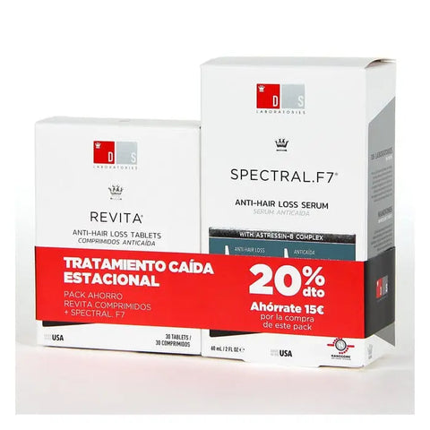 Ds Spectral F7 hair loss treatment 60ml and Ds Revita 30 tablets set by Jag Couture London New York, shown together.