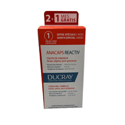 Ducray Anacaps Reactiv 90 capsules, dietary supplement for hair health, displayed in a clear container with label.