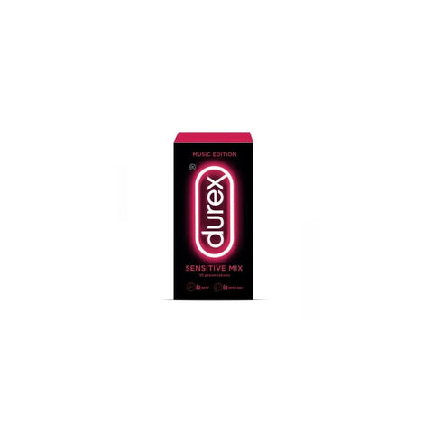 Durex Music Edition Sensitive Mix condoms, 10-pack, in packaging with branding, designed for comfort and enhanced sensitivity.