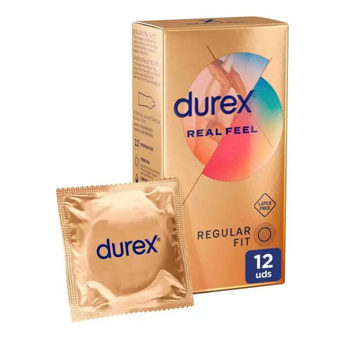 Box of Durex Real Feel condoms, 12 units, by Jag Couture London New York, showing the product packaging.
