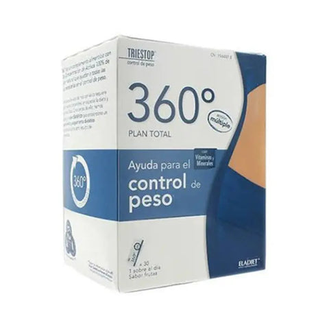 Eladiet 360º by Triestop fruit flavor sachets, 30 packs of 10g each, featuring colorful packaging with fresh fruit illustrations.