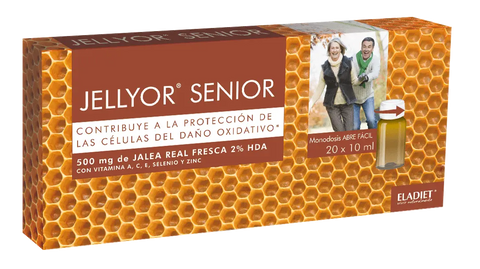Eladiet Jellyor Senior 20 ampoules in a box, dietary supplement by Jag Couture London New York, with detailed packaging.