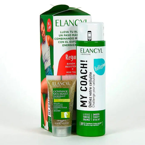 Elancyl My Coach Anti-Cellulite Gel 200ml with free exfoliating gel 30ml, displayed in a sleek tube with product labels.