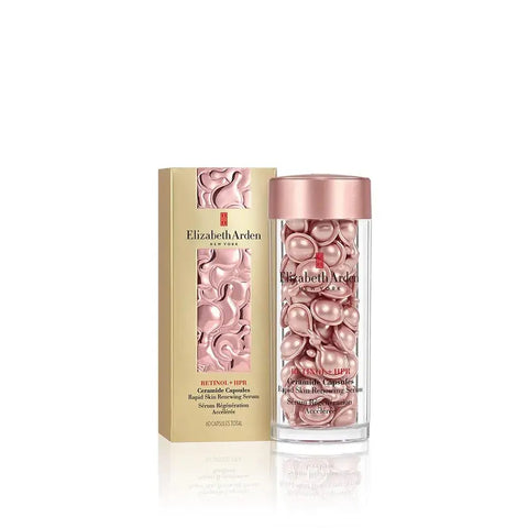 Elizabeth Arden Retinol HPR Ceramide Capsules, 60-count, shown in open jar with capsules inside, skincare product by Jag Couture London.