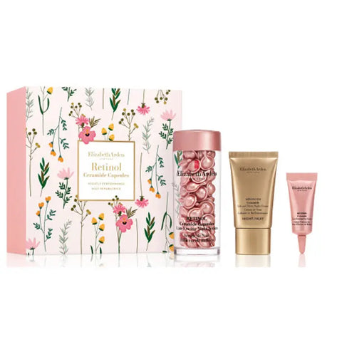 Elizabeth Arden Retinol Ceramide 60 capsules set with three jars, featuring skincare capsules from Jag Couture London New York.