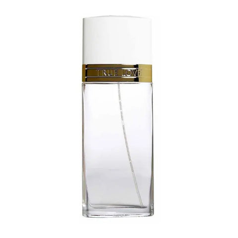 Elizabeth Arden True Love Eau De Toilette spray 100ml bottle with floral design, shown on a clear background.