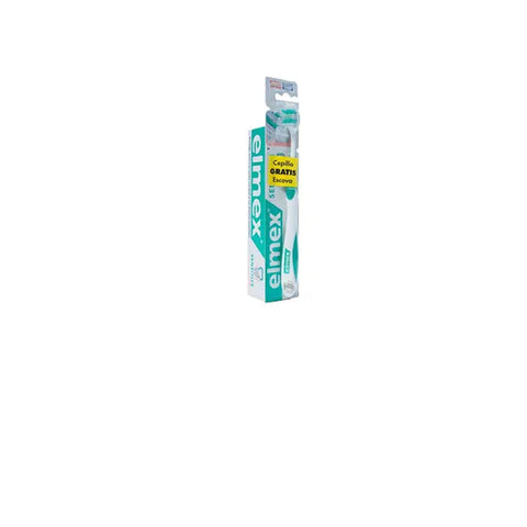 Elmex Sensitive Plus toothpaste 75ml with a Jag Couture London-New York toothbrush, showing a close-up of the toothpaste tube and toothbrush.