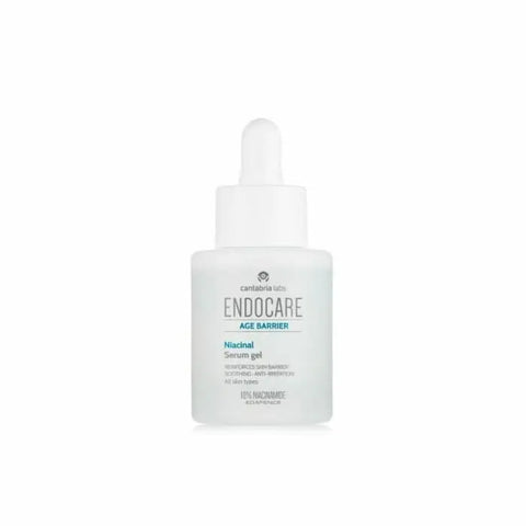 Endocare Age Barrier Niacinamide Serum Gel 30ml by Jag Couture London features a clear gel in a white and blue bottle.