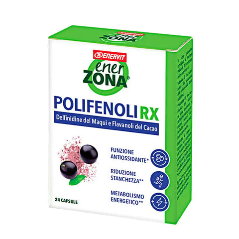 Enervit Enerzona Polyphenols Rx 24 capsules by Jag Couture London, featuring supplement capsules in a clear bottle.